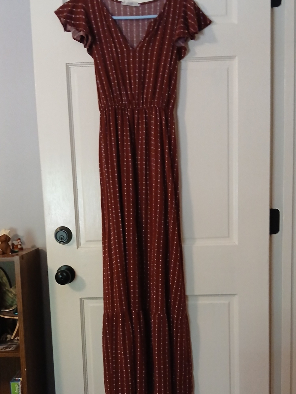 Maroon With White Maxi Dress - Women's V-Neck